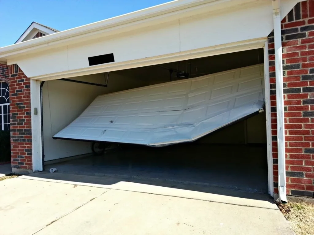 A garage door that is open and broken.