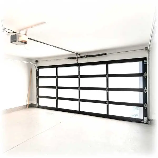 A garage door that is open and has no one inside.